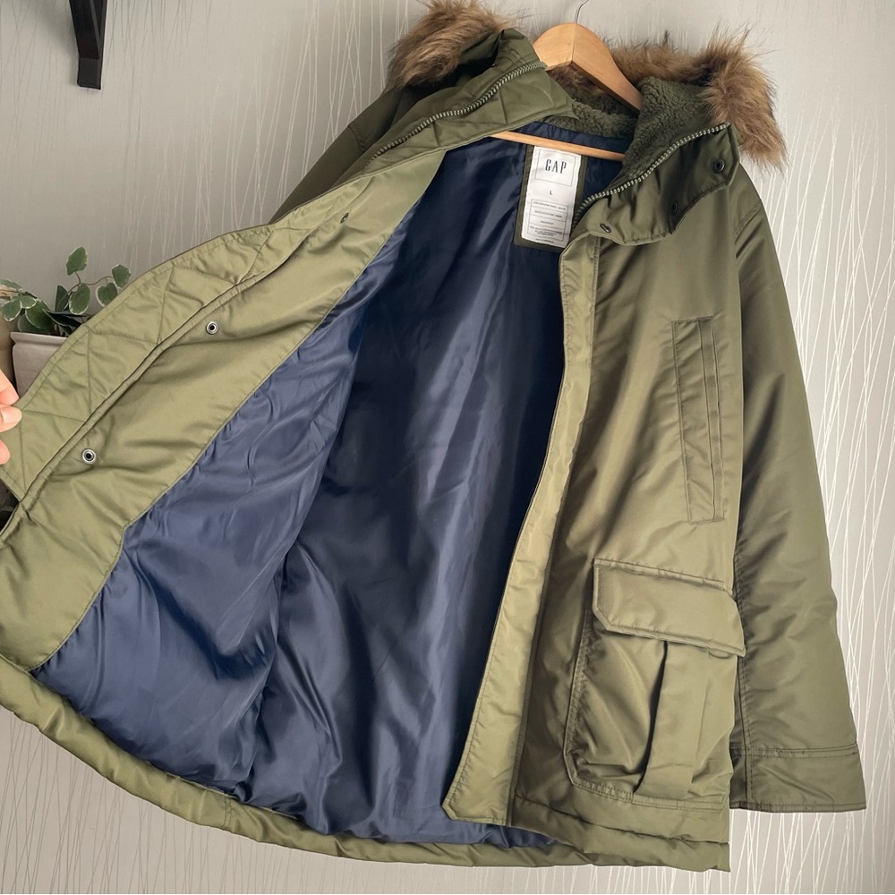 Gap Men’s Olive Green Winter Parka Cold Control Max Snorkel Coat Size Large - Picture 12 of 16